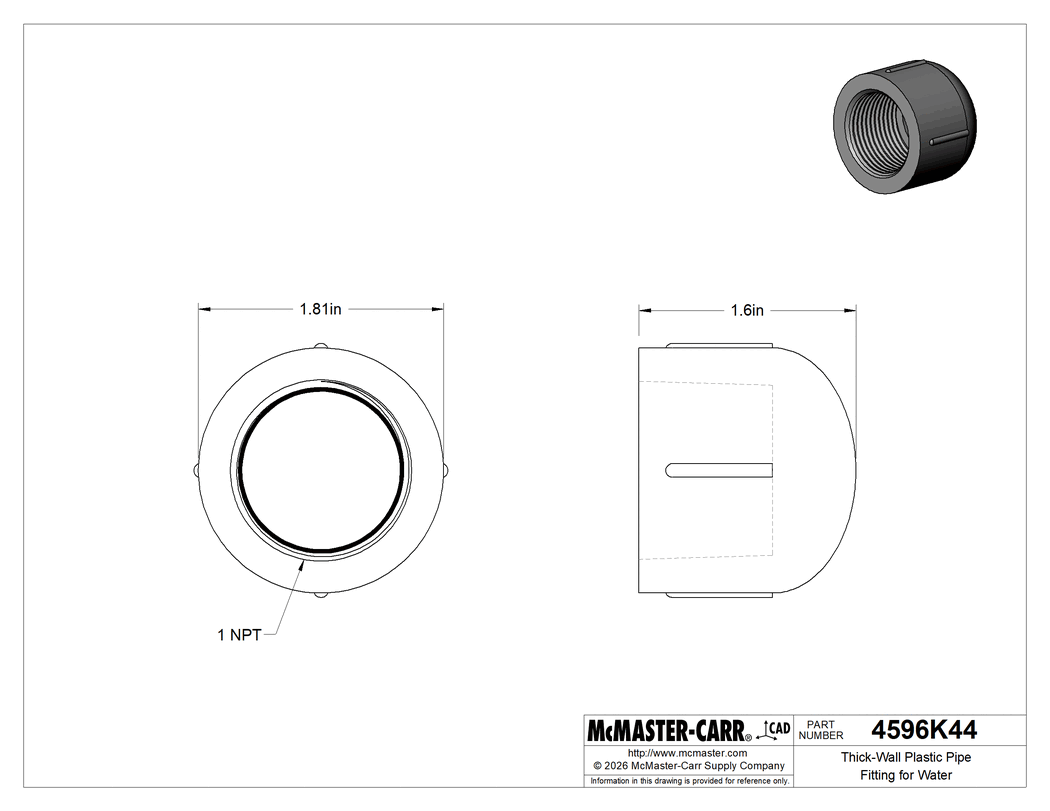 Technical Drawing of Thick-Wall Plastic Pipe Fitting for Water, Cap, 1 NPT Female.